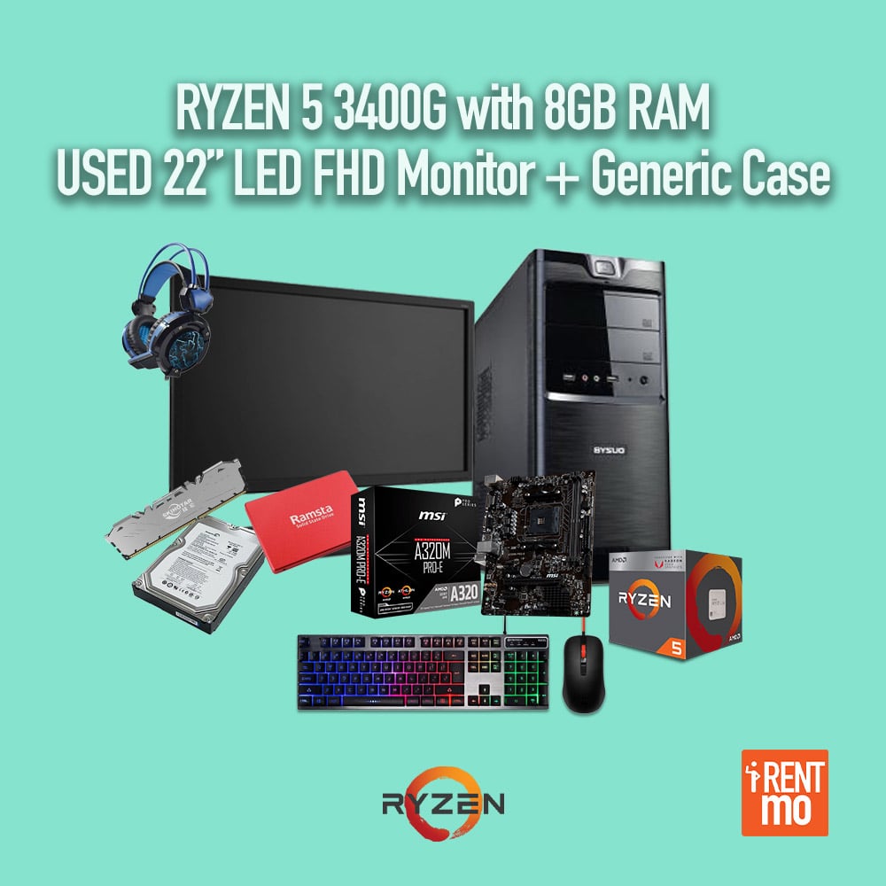 Ryzen-5-3400G-8RAM-Used-22'-Mon-+-Generic-Case