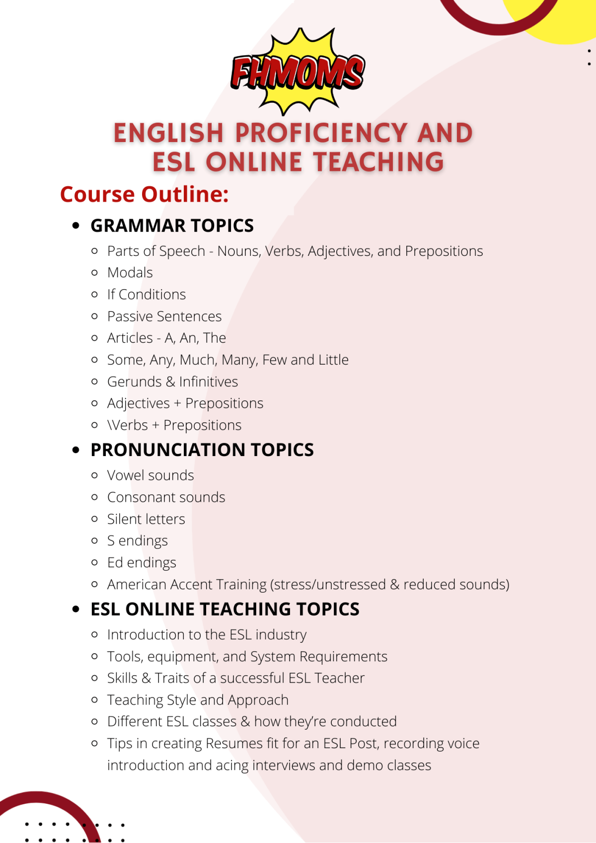 English Proficiency and ESL Online Teaching Course Outline